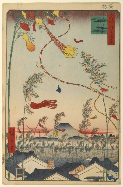 esposizione di tanzaku per il tanabata in una stampa del periodo edo